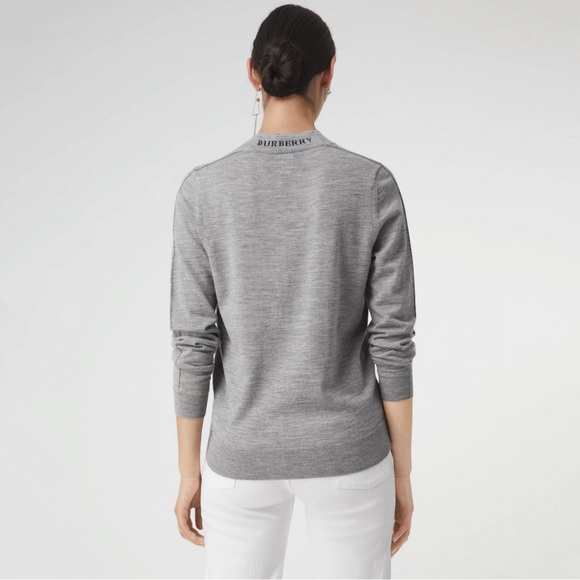 BURBERRY Sweater Ladies Size XS Merino Wool Crew Neck Grey Melange Knitted Logo - Picture 2 of 10